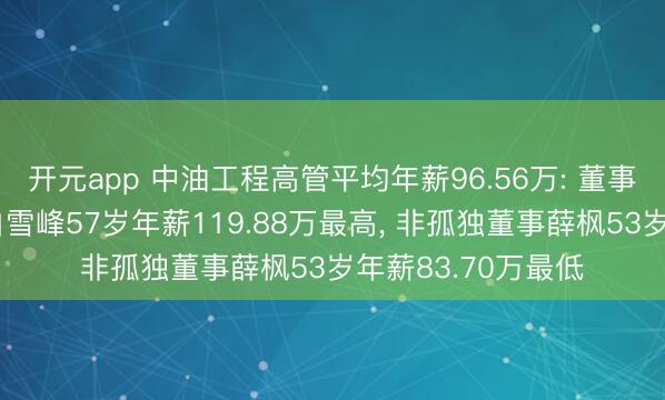 开元app 中油工程高管平均年薪96.56万: 董事长及非孤独董事白雪峰57岁年薪119.88万最高, 非孤独董事薛枫53岁年薪83.70万最低